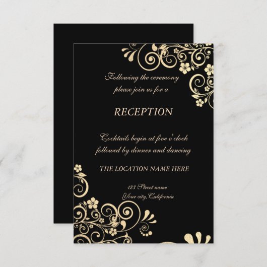 Elegante Chic Gold Blume Hochzeitsempfang Einladung (Vorne/Hinten)