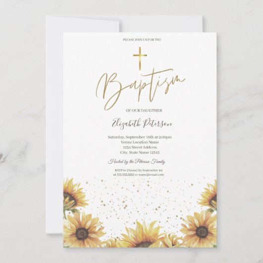 Elegante Chic Gold Cross Sonnenblumen Taufe Einladung (Vorderseite)