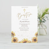 Elegante Chic Gold Cross Sonnenblumen Taufe Einladung (Stehend Vorderseite)