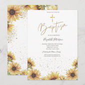 Elegante Chic Gold Cross Sonnenblumen Taufe Einladung (Vorne/Hinten)