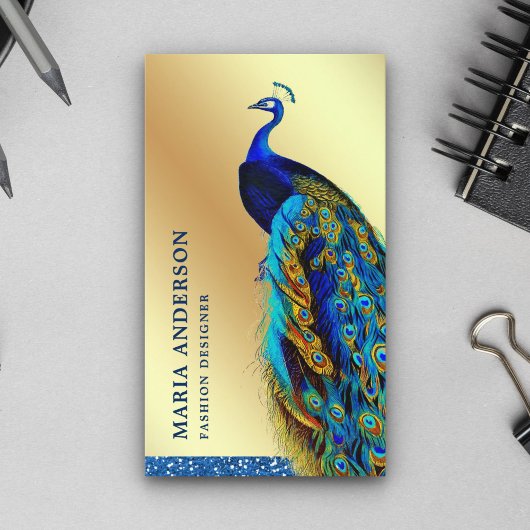Elegante Chic Gold Foil Blue Indian Peacock Visitenkarte