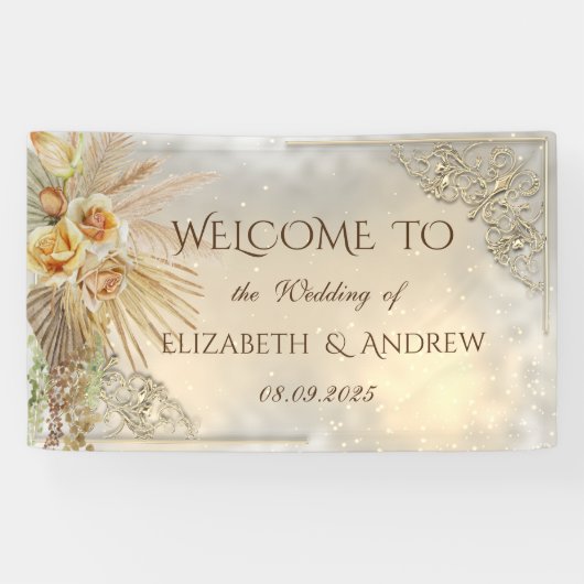 Elegante Chic Gold Hearts Boho Blume Banner (Horizontal)