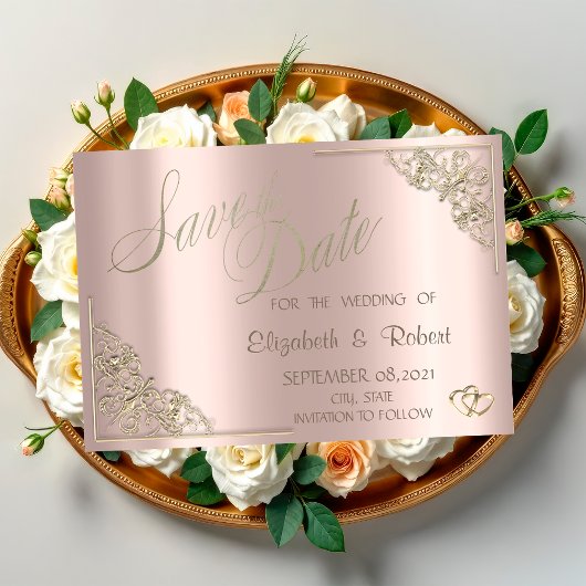 Elegante Chic Gold Hearts, Frame Rose Gold Save The Date