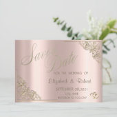 Elegante Chic Gold Hearts, Frame Rose Gold Save The Date (Stehend Vorderseite)