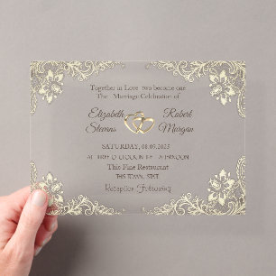 Elegante Chic Gold Hearts Lace Wedding Acryleinladungen