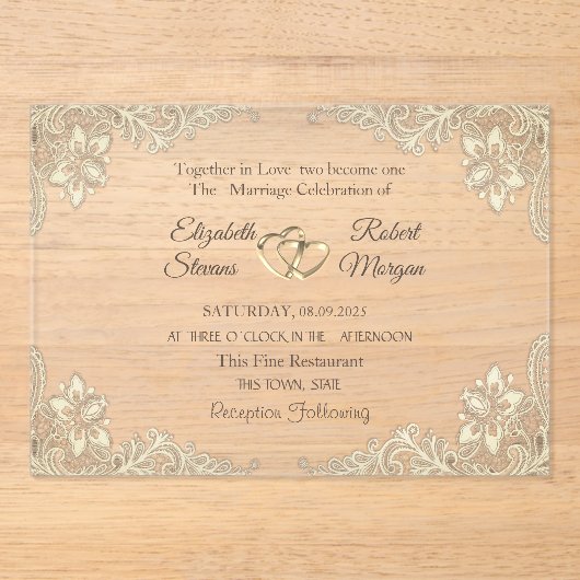 Elegante Chic Gold Hearts Lace Wedding Acryleinladungen (Vorderseite)
