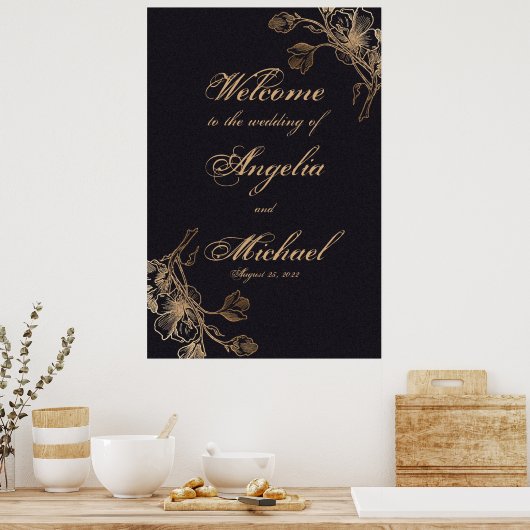 Elegante Chic Gold Imitate Metal Floral Wedding Poster (Küche)