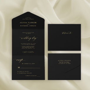Elegante chic gold-kalligrafie schwarze Hochzeit All In One Einladung