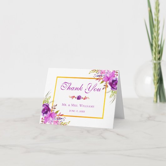 Elegante Chic Gold Lila Floral Wedding Vielen Dank Dankeskarte (Vorderseite)