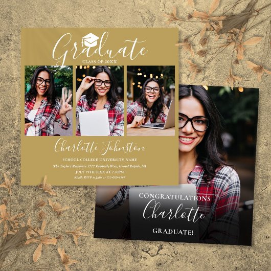 Elegante Chic Gold Script 4 Foto Graduation Party Einladung