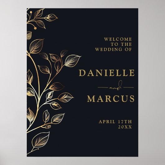 Elegante Chic Golden Floral Wedding Welcome Sign Poster (Vorne)