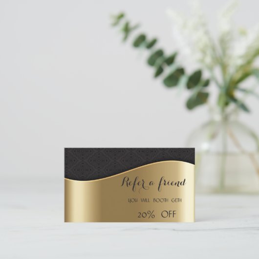 Elegante Chic Imitate Gold-, Black Damask Empfehlu Empfehlungskarte (Stehend Vorderseite)