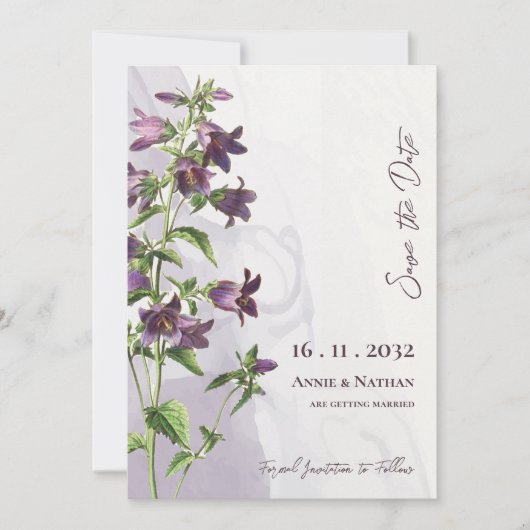 Elegante Chic Lila Blumenschrift Hochzeit Save The Date (Vorderseite)