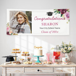 Elegante Chic Lila Floral Foto Graduation Party Banner