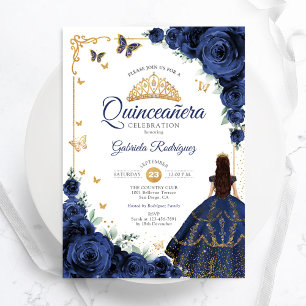 Elegante Chic Navy Roses Floral Gold Quinceanera Einladung