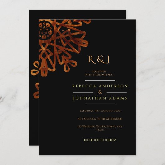 Elegante Chic Ornamental Black and Gold Wedding Einladung (Vorne/Hinten)