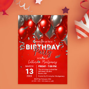 Elegante Chic Red und Silver Balloon Geburtstagspa Einladung