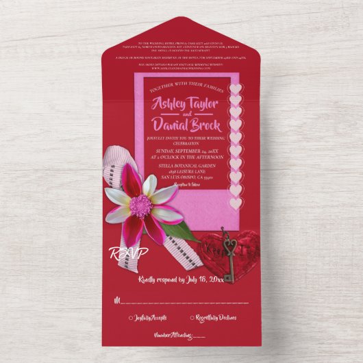 Elegante Chic Red Valentine Formal Romantische Hoc All In One Einladung (Innen Boden)