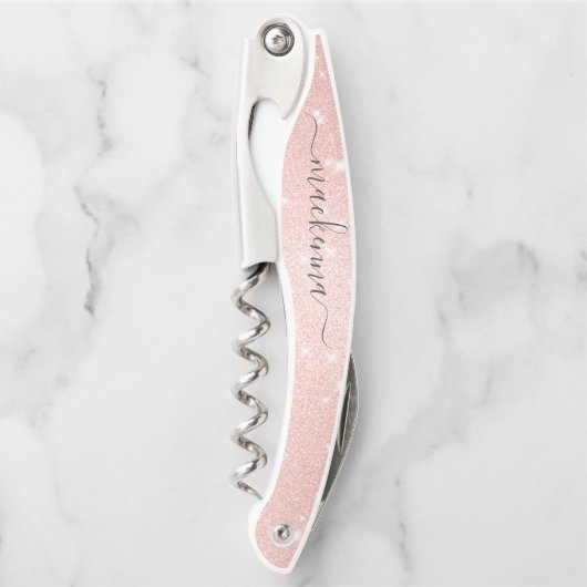 Elegante Chic Rose Gold Glitzer Blush Monogram Nam Kellnermesser (Vorderseite)