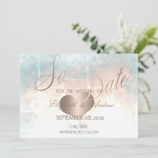 Elegante Chic Rose Gold Heart Wedding Speichern Si Save The Date (Stehend Vorderseite)