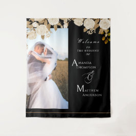 Elegante Chic Rose Monogram Black Foto Tapestry Wandteppich