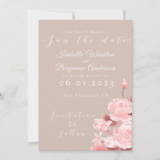 Elegante Chic Rose Save the Date Karte (Vorderseite)