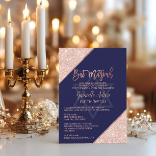 Elegante Chic Roségold Navyblaue Bat Mitzvah Einladung