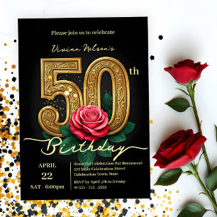 Elegante Chic Rote Rose & Gold Nummer 50. Geburtst Einladung