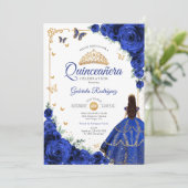 Elegante Chic Royal Blue Rose Gold Quinceanera Einladung (Stehend Vorderseite)