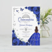 Elegante Chic Royal Blue Silver Floral Quinceanera Einladung (Stehend Vorderseite)