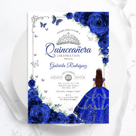 Elegante Chic Royal Blue Silver Floral Quinceanera Einladung