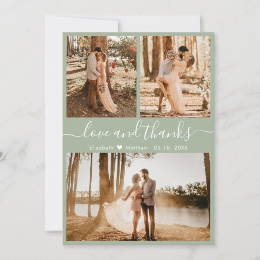 Elegante Chic Sage Green 3 Foto Collage Wedding Th Dankeskarte (Vorderseite)