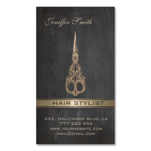 Elegante Chic-Schere Chalkboard-Haarstylistin Magnetische Visitenkarte (Vorderseite Vertikal)