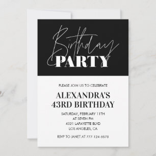Elegante Chic-Schrift Schwarz Weiß 43. Geburtstag Einladung