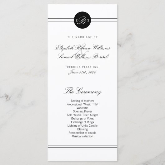 Elegante Chic Schwarz-weiß Monogram Wedding Progra Programm (Vorderseite)
