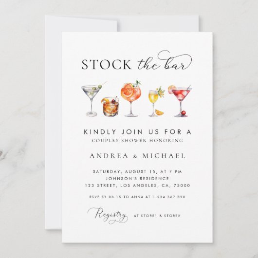 Elegante Chic Script Stock the Bar Couples Dusche Einladung (Vorderseite)