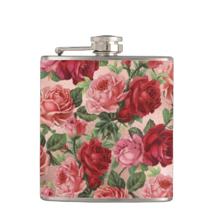Elegante Chic Vintage Rosa Rote Rosen Floral Flachmann