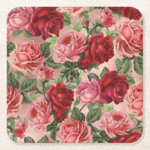 Elegante Chic Vintage Rosa Rote Rosen Floral Rechteckiger Pappuntersetzer