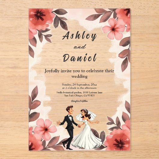 Elegante Chic Watercolor Blumenbräune Hochzeit Acryleinladungen (Vorderseite)