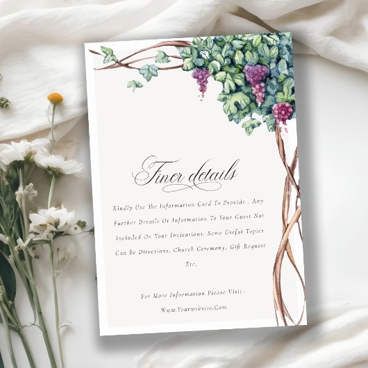 Elegante Chic Watercolor Grapevine Hochzeit Detail Begleitkarte