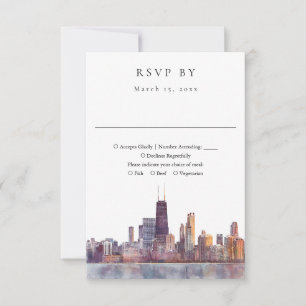 Elegante Chicago Skyline-Aquarell-Hochzeit RSVP Karte