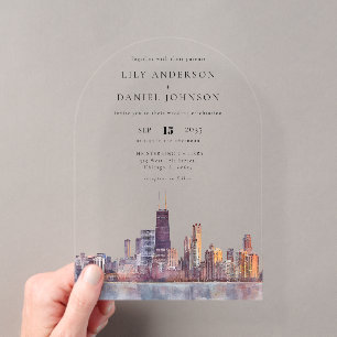 Elegante Chicago Skyline Aquarell Hochzeitsbogen Acryleinladungen
