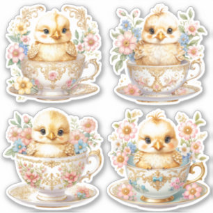 Elegante Chicks im Teacup - Blumendesign Aufkleber