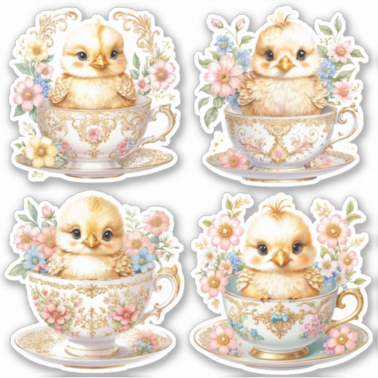 Elegante Chicks im Teacup - Blumendesign Aufkleber (Vorderseite)