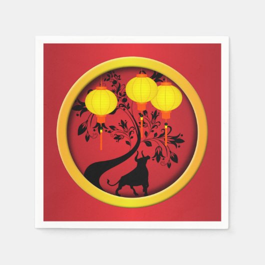 Elegante chinesische New Year Ox Gold Lanterns Serviette (Vorderseite)