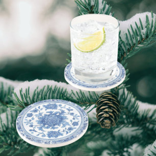 Elegante Chinoiserie Blau-Weiß-Blumenmuster Getränkeuntersetzer