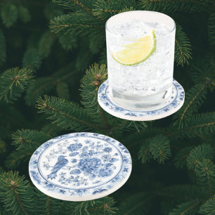 Elegante Chinoiserie Blau-Weiß-Blumenmuster  Getränkeuntersetzer