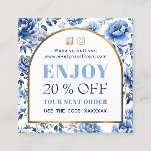 Elegante Chinoiserie Blue Blumen Discount-Karte Quadratische Visitenkarte (Rückseite)