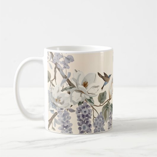 Elegante Chinoiserie Blumen & Vögel Kaffeetasse (Links)