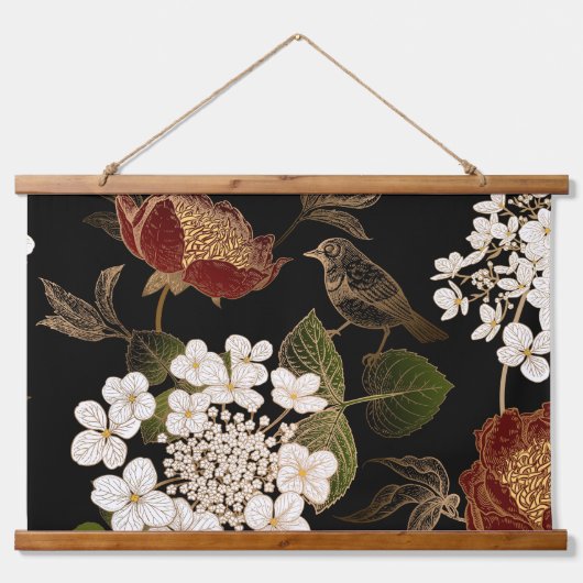 Elegante Chinoiserie Inspiriert Blumenblumen Wandteppich Mit Holzrahmen (Vorne)